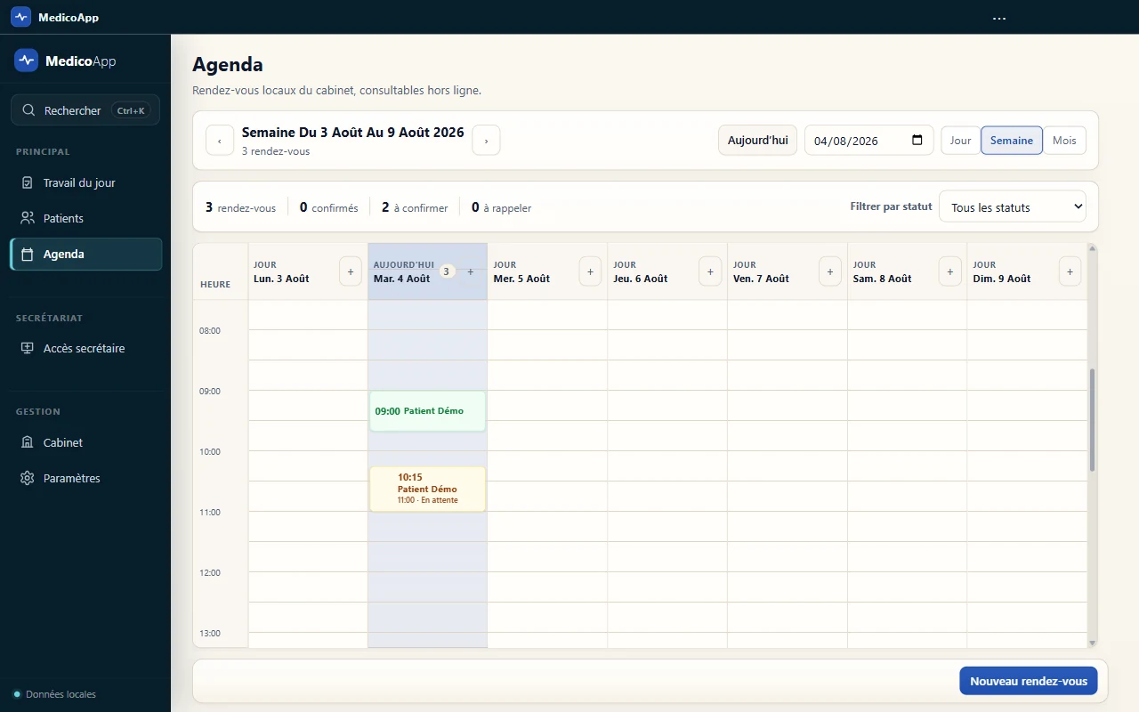 Agenda hebdomadaire dans MedicoApp