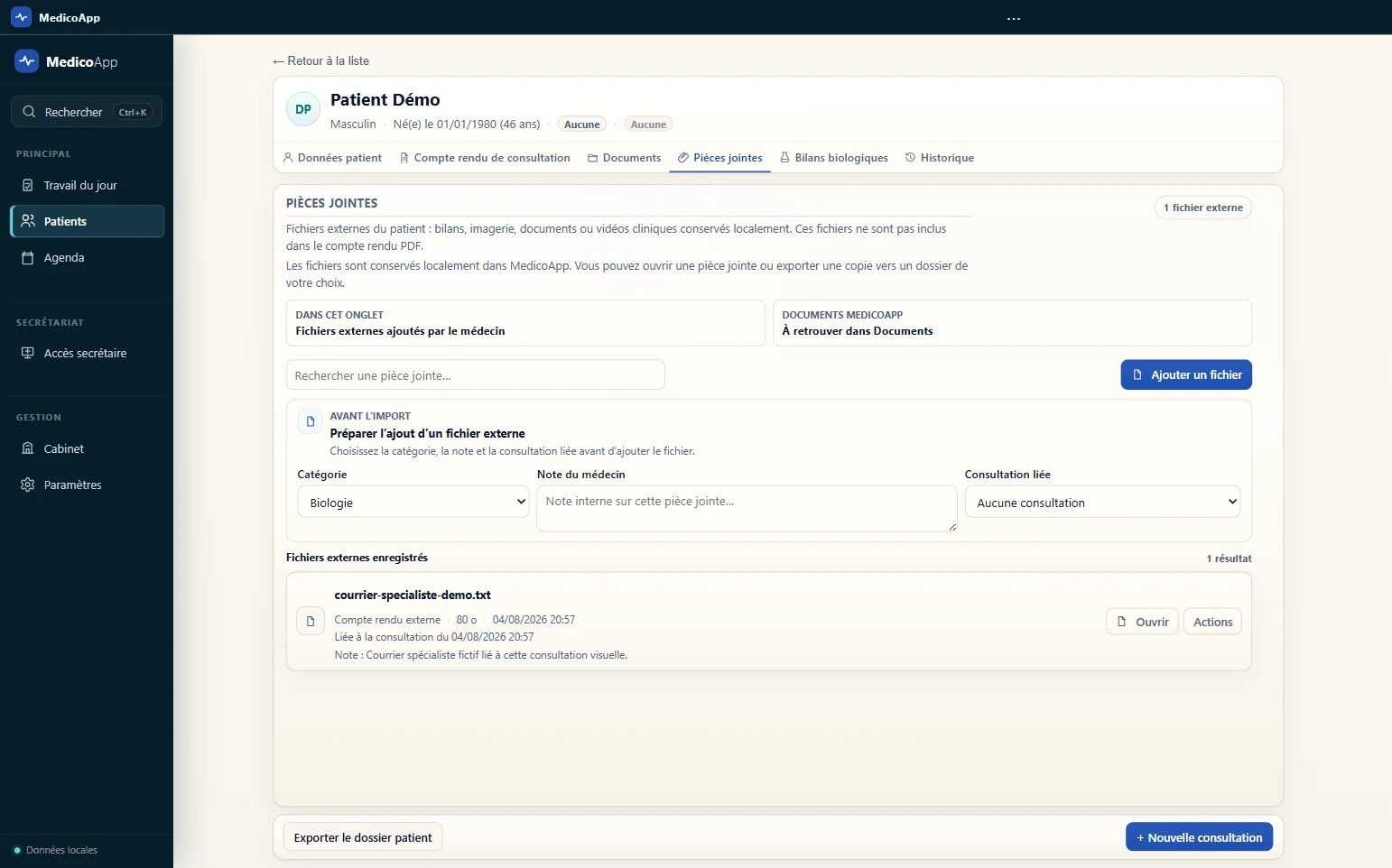 Gestion des pièces jointes dans MedicoApp