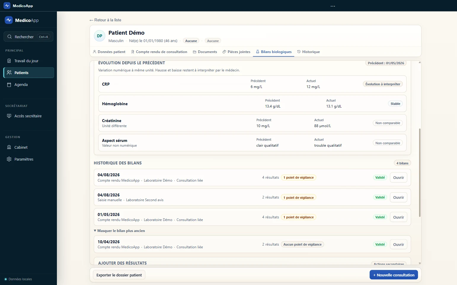 Bilans biologiques dans MedicoApp