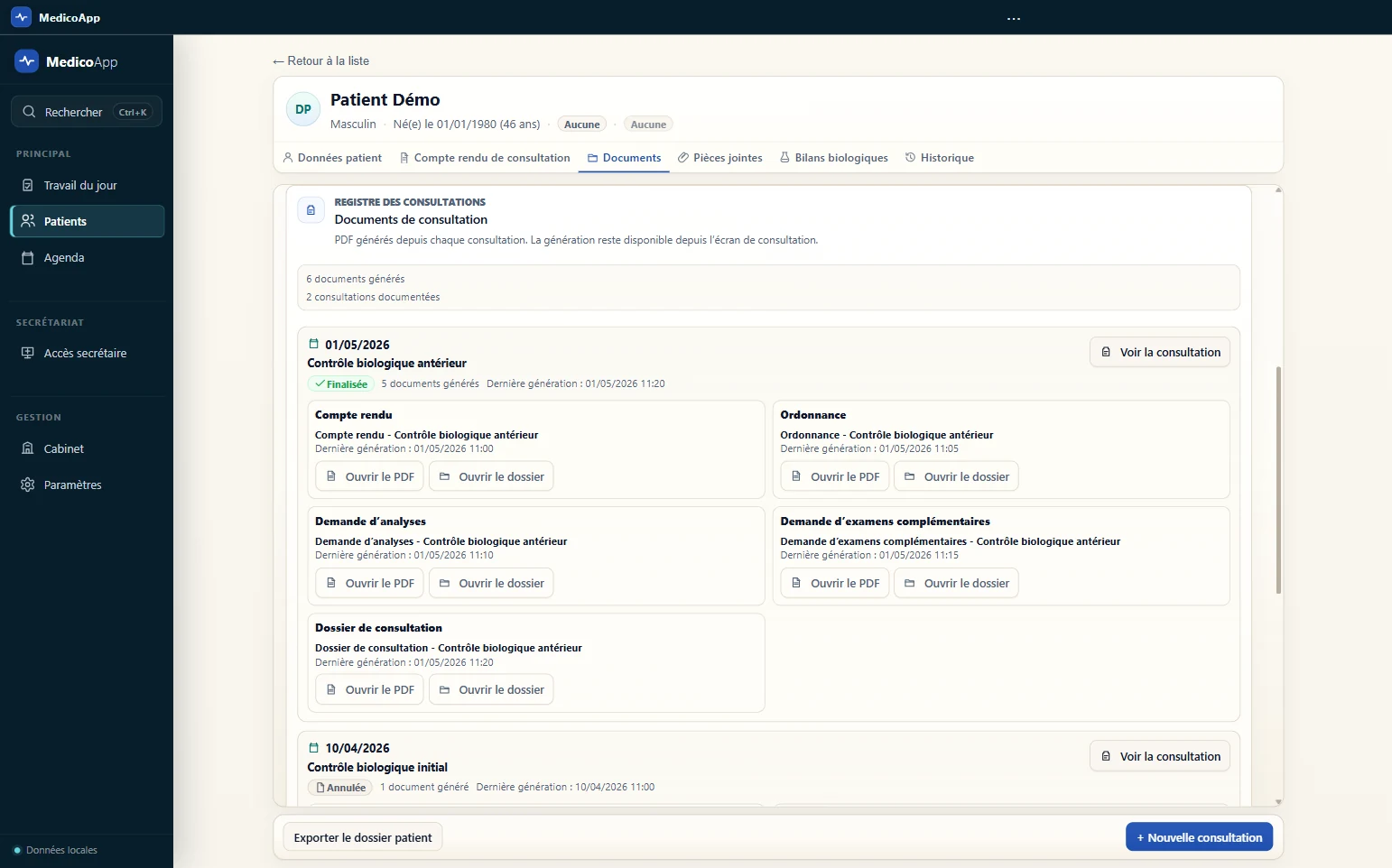 Documents du dossier patient dans MedicoApp