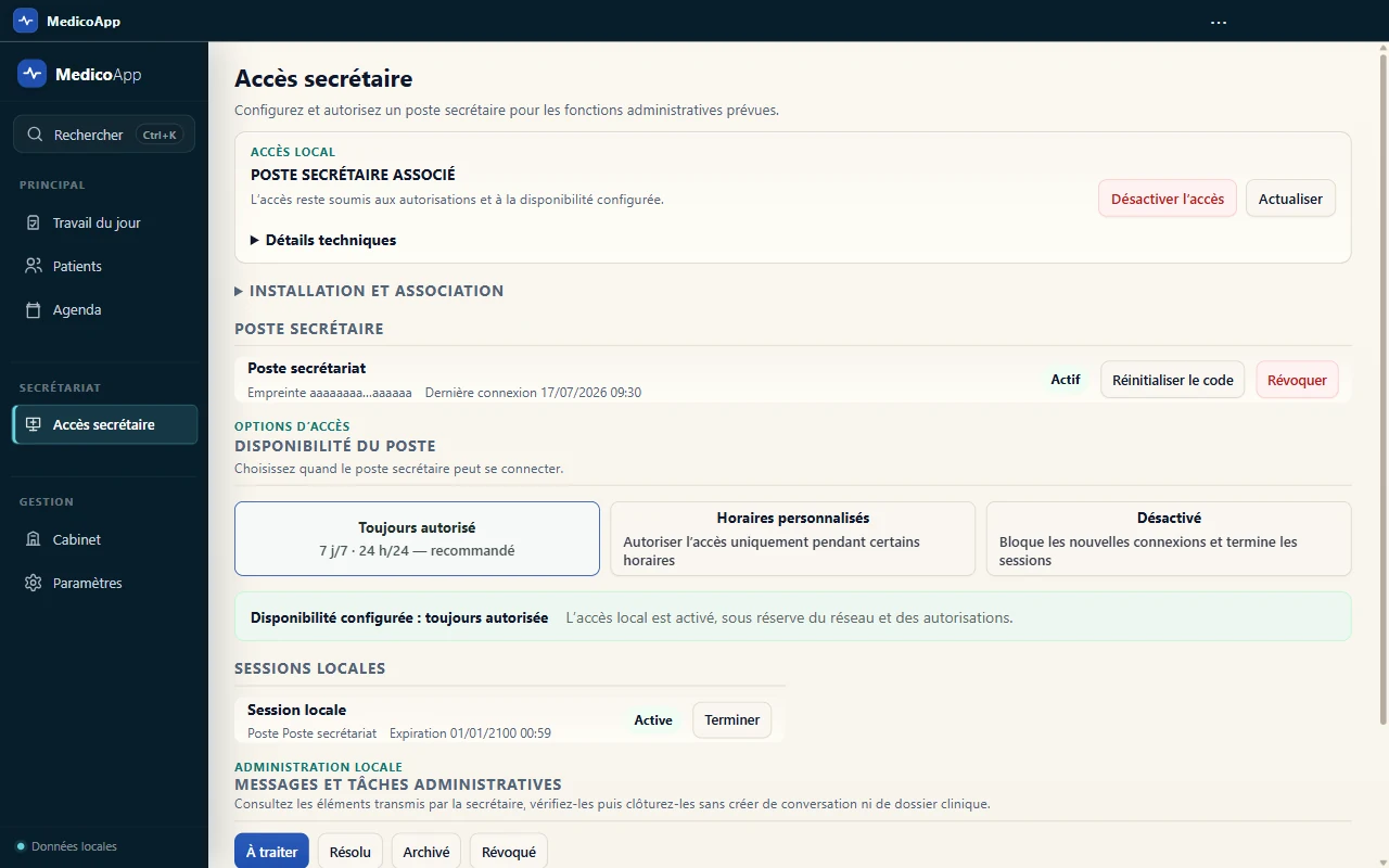 Contrôle de l’accès secrétaire depuis MedicoApp